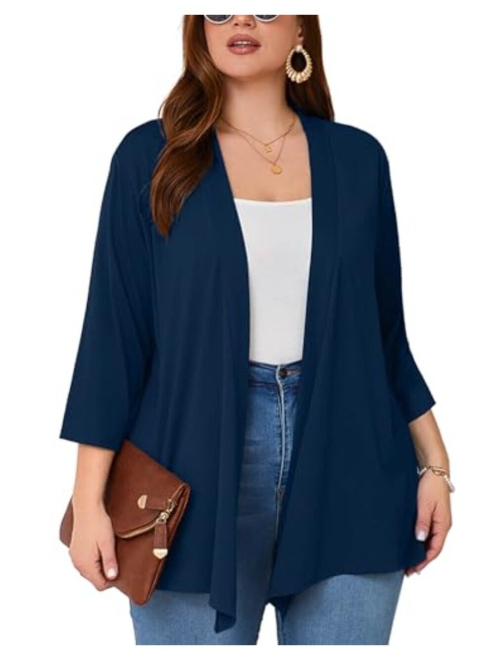 Plus Size Open Front Cardigan 3/4 Sleeve Lightweight Casual Kimono Jacket